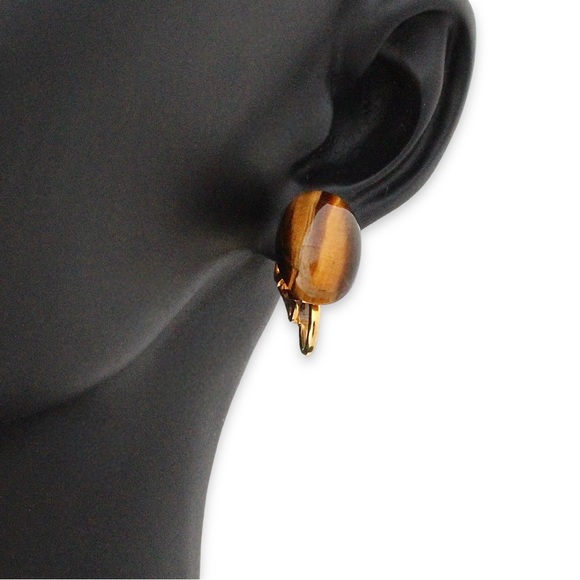 Vintage Genuine Tiger’s Eye Clip On Earrings Oval Cabochon Gemstone Gold Plated - Picture 4 of 4
